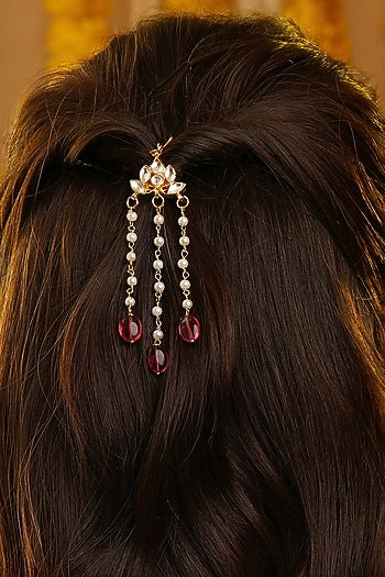 Gold Finish Glass Kundan Hair Pin For Girls