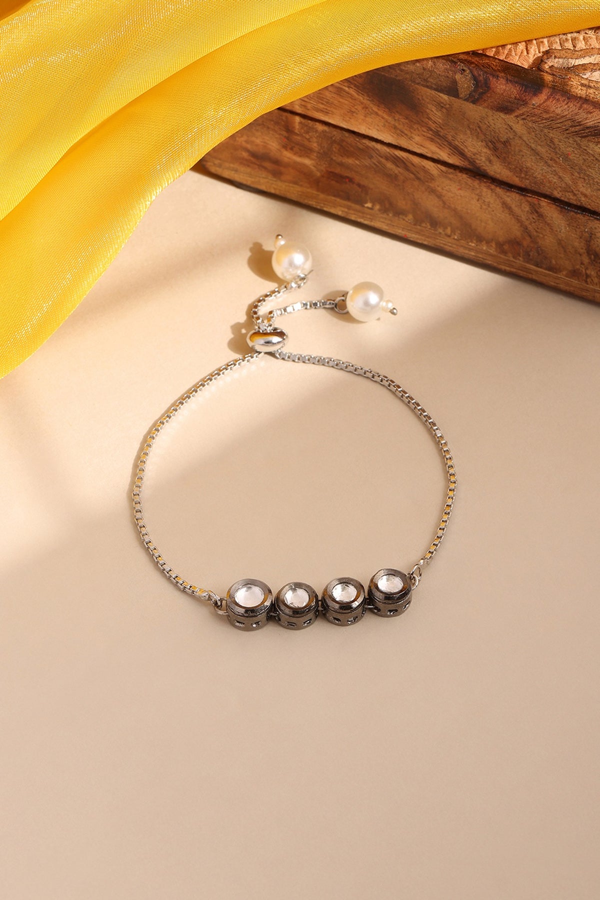 Black Rhodium Finish Kundan Polki Bracelet For Girls