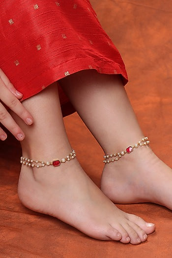 Gold Finish Kundan Polki Anklets For Girls