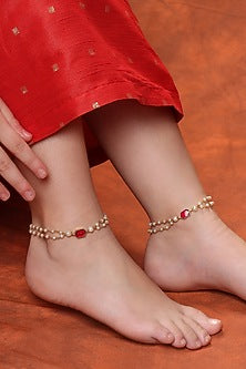 Gold Finish Kundan Polki Anklets For Girls