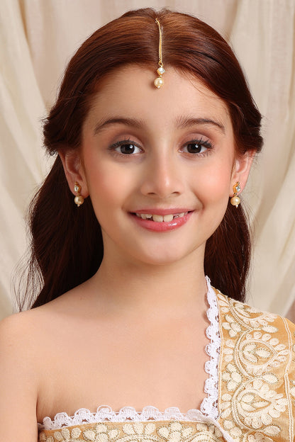 Gold Finish Kundan Polki Earrings & Maangtikka Set For Girls