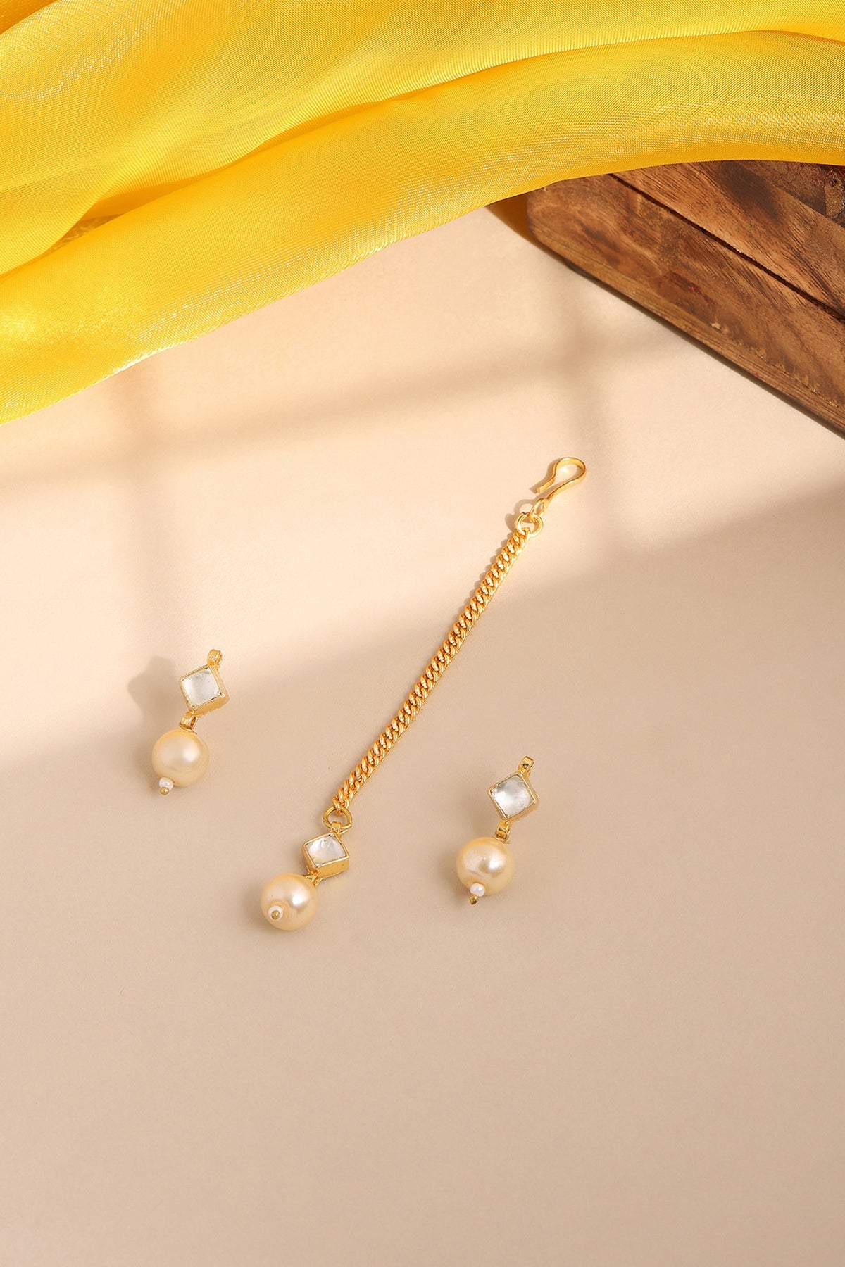 Gold Finish Kundan Polki Earrings & Maangtikka Set For Girls