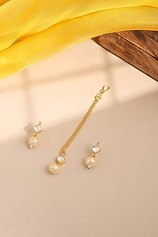 Gold Finish Kundan Polki Earrings & Maangtikka Set For Girls