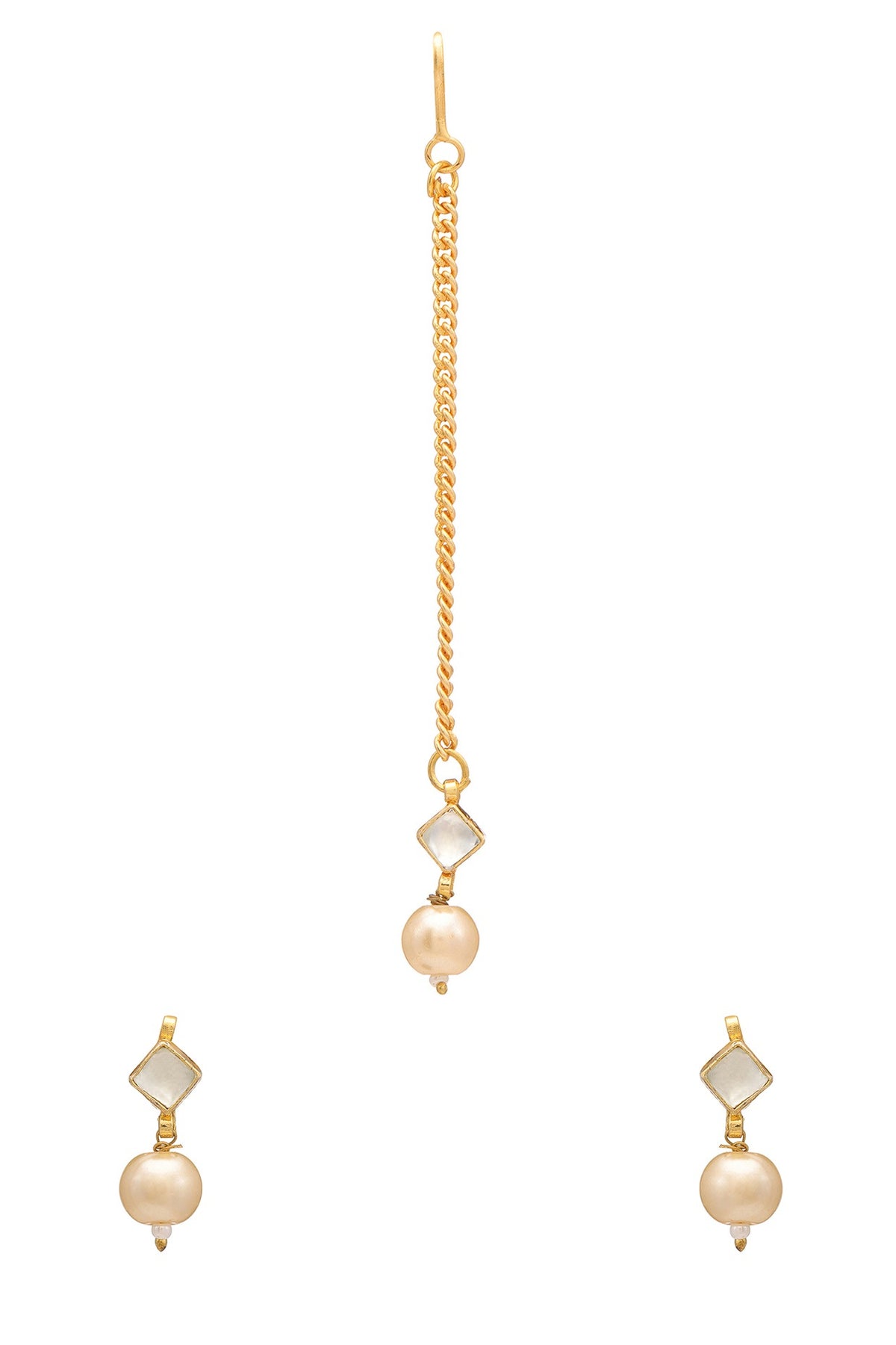 Gold Finish Kundan Polki Earrings & Maangtikka Set For Girls