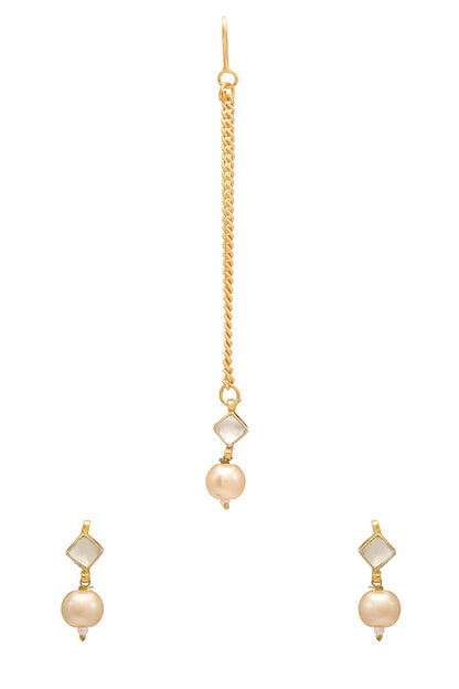 Gold Finish Kundan Polki Earrings & Maangtikka Set For Girls