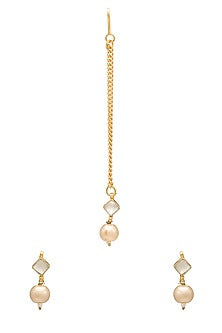 Gold Finish Kundan Polki Earrings & Maangtikka Set For Girls