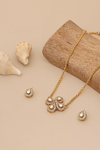 Gold Finish Kundan Polki & Semi Precious Stone Necklace Set For Girls