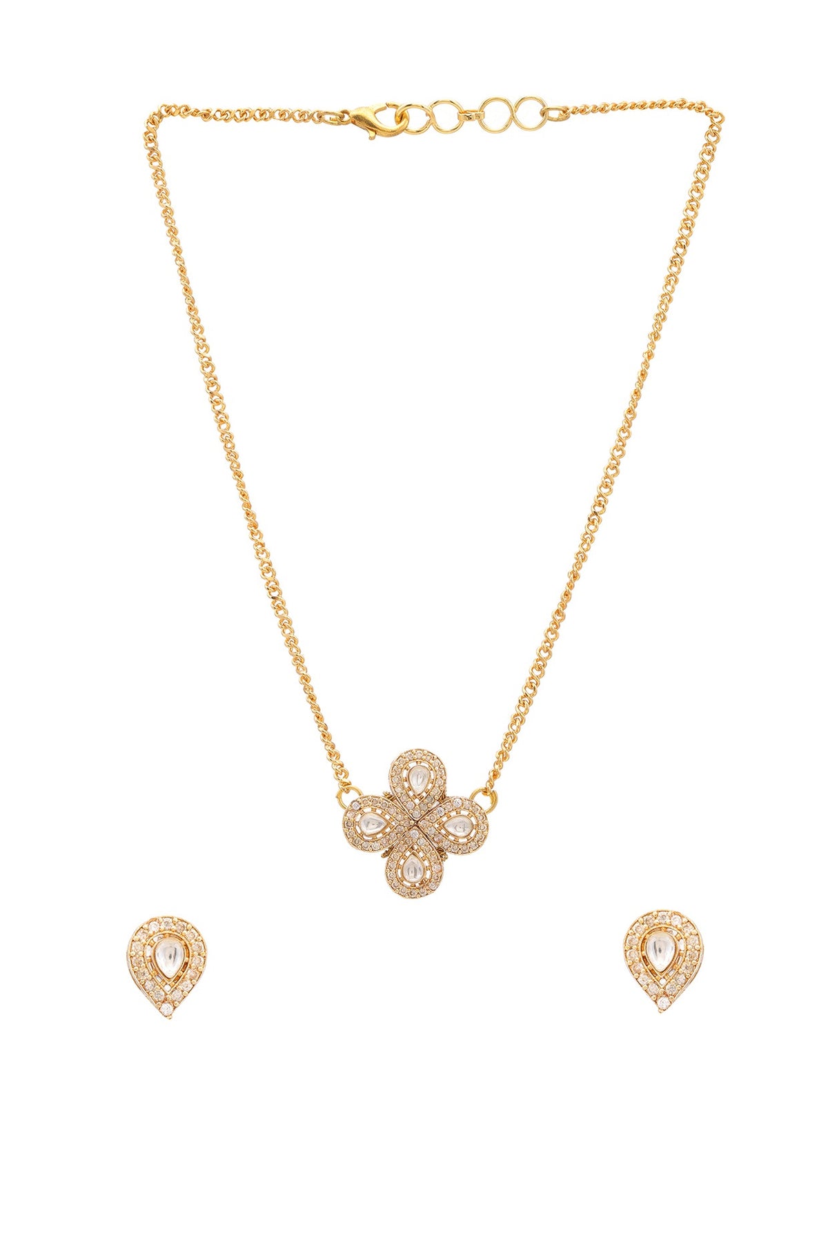 Gold Finish Kundan Polki & Semi Precious Stone Necklace Set For Girls