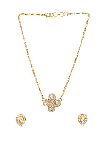 Gold Finish Kundan Polki & Semi Precious Stone Necklace Set For Girls