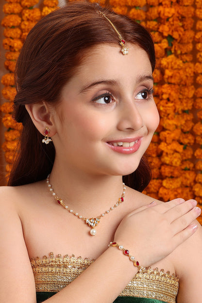 Gold Finish Kundan Polki & Maroon Semi Precious Stone Necklace Set For Girls