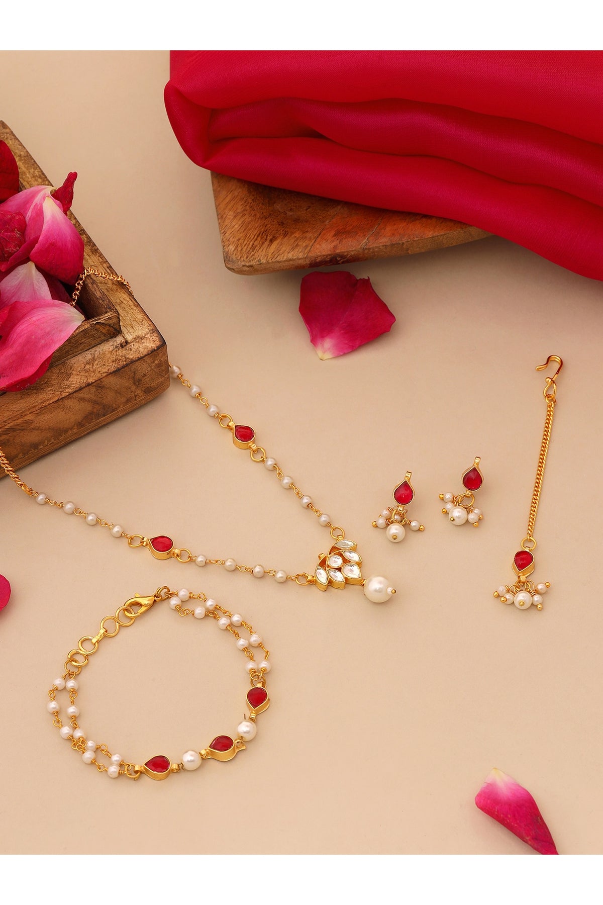 Gold Finish Kundan Polki & Maroon Semi Precious Stone Necklace Set For Girls