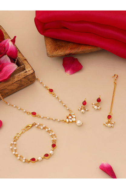 Gold Finish Kundan Polki & Maroon Semi Precious Stone Necklace Set For Girls