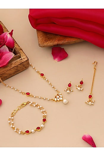 Gold Finish Kundan Polki & Maroon Semi Precious Stone Necklace Set For Girls