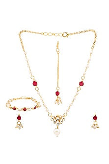 Gold Finish Kundan Polki & Maroon Semi Precious Stone Necklace Set For Girls