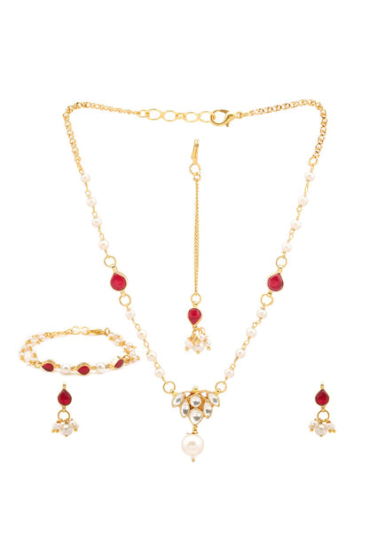 Gold Finish Kundan Polki & Maroon Semi Precious Stone Necklace Set For Girls