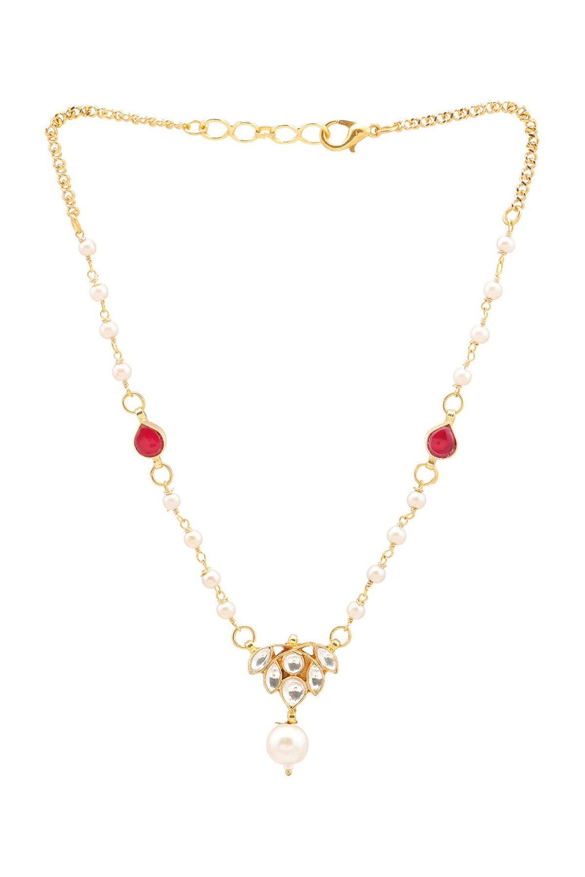 Gold Finish Kundan Polki & Maroon Semi Precious Stone Necklace Set For Girls