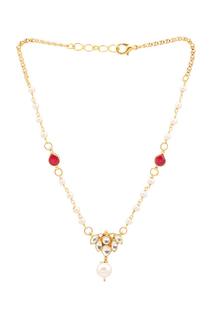 Gold Finish Kundan Polki & Maroon Semi Precious Stone Necklace Set For Girls