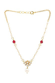 Gold Finish Kundan Polki & Maroon Semi Precious Stone Necklace Set For Girls