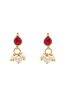Gold Finish Kundan Polki & Maroon Semi Precious Stone Necklace Set For Girls