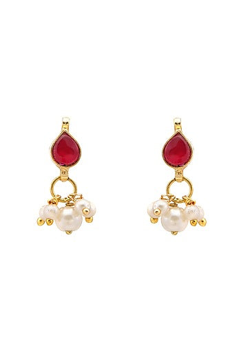 Gold Finish Kundan Polki & Maroon Semi Precious Stone Necklace Set For Girls