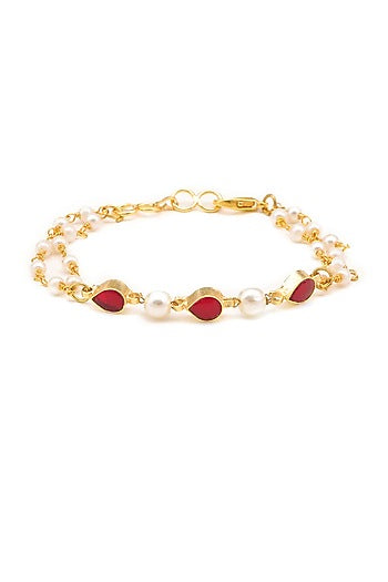 Gold Finish Kundan Polki & Maroon Semi Precious Stone Necklace Set For Girls