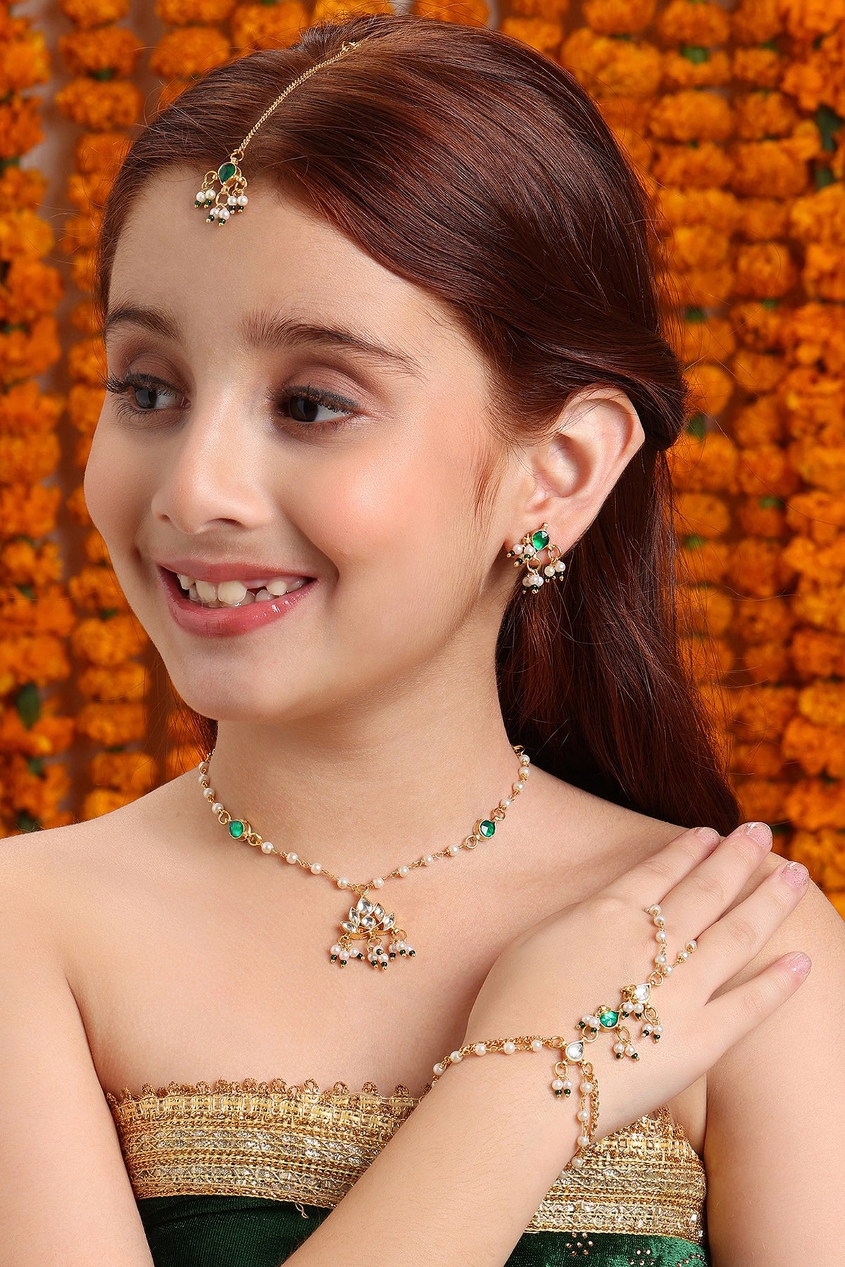 Gold Finish Kundan Polki Necklace Set For Girls