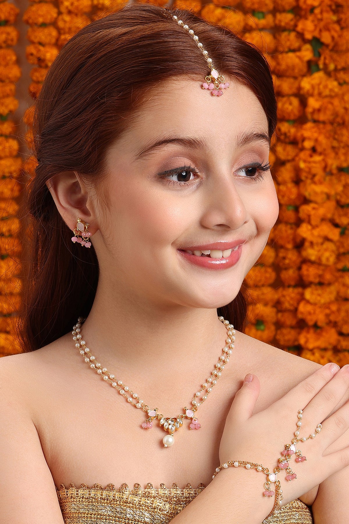 Gold Finish Kundan Polki & Pink Semi Precious Stone Necklace Set For Girls