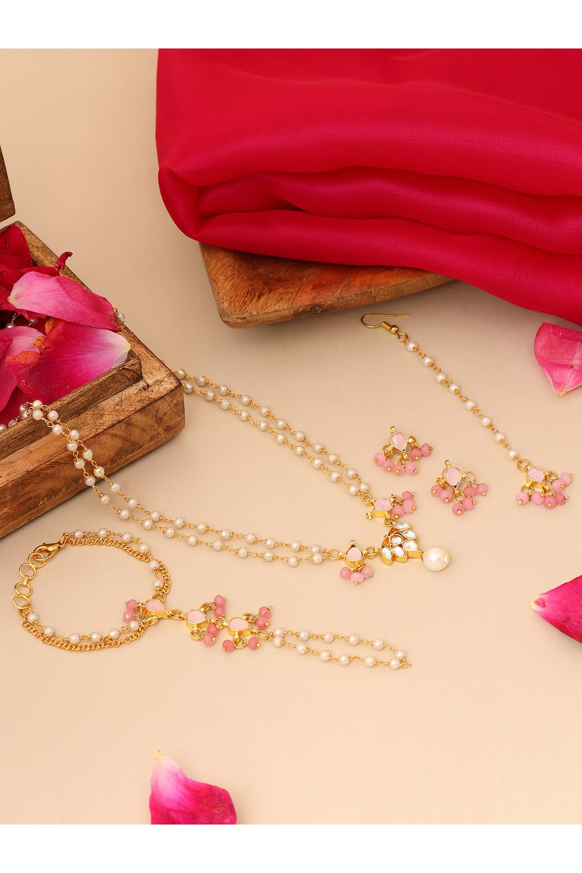 Gold Finish Kundan Polki & Pink Semi Precious Stone Necklace Set For Girls