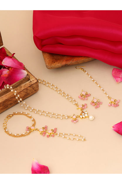 Gold Finish Kundan Polki & Pink Semi Precious Stone Necklace Set For Girls