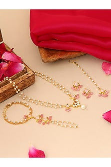Gold Finish Kundan Polki & Pink Semi Precious Stone Necklace Set For Girls