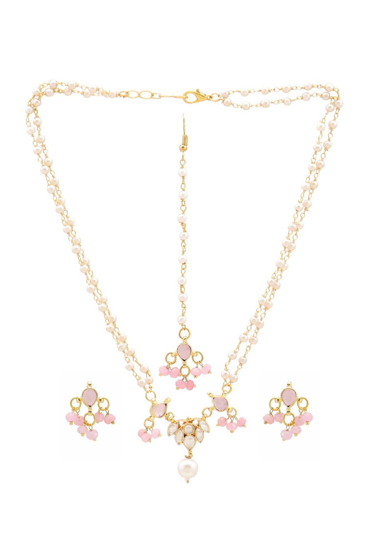 Gold Finish Kundan Polki & Pink Semi Precious Stone Necklace Set For Girls
