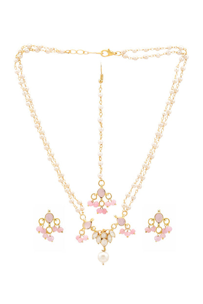 Gold Finish Kundan Polki & Pink Semi Precious Stone Necklace Set For Girls