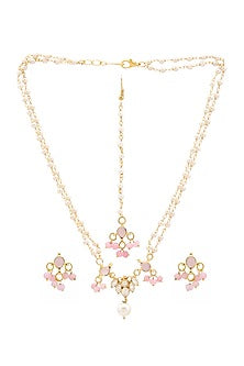 Gold Finish Kundan Polki & Pink Semi Precious Stone Necklace Set For Girls