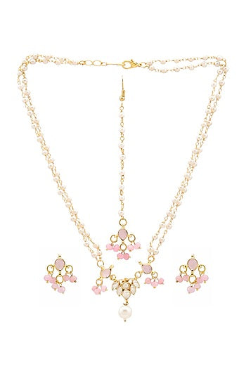 Gold Finish Kundan Polki & Pink Semi Precious Stone Necklace Set For Girls