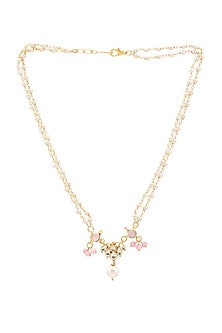 Gold Finish Kundan Polki & Pink Semi Precious Stone Necklace Set For Girls