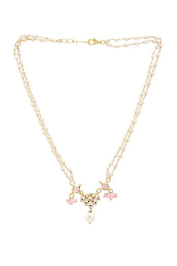 Gold Finish Kundan Polki & Pink Semi Precious Stone Necklace Set For Girls