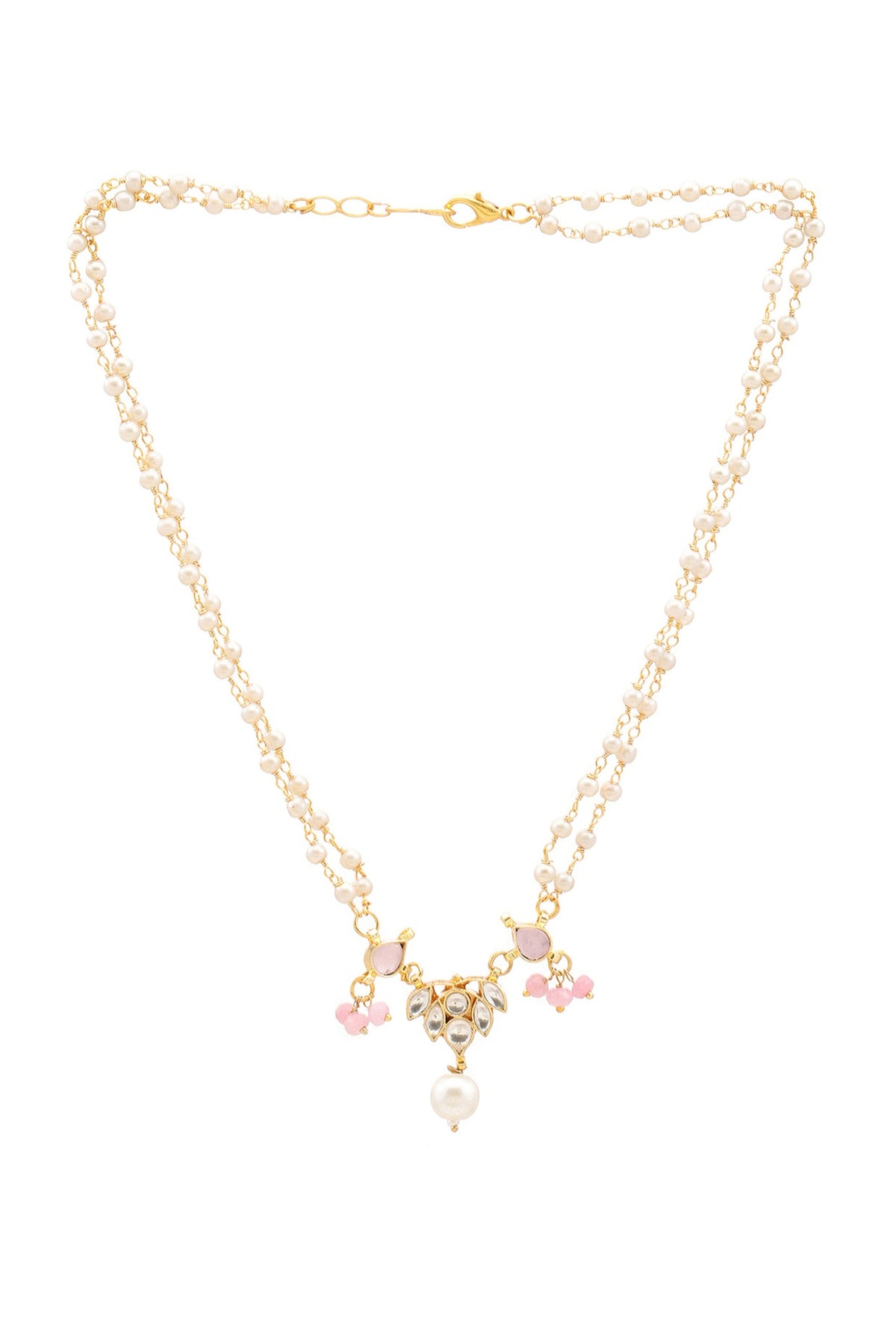 Gold Finish Kundan Polki & Pink Semi Precious Stone Necklace Set For Girls