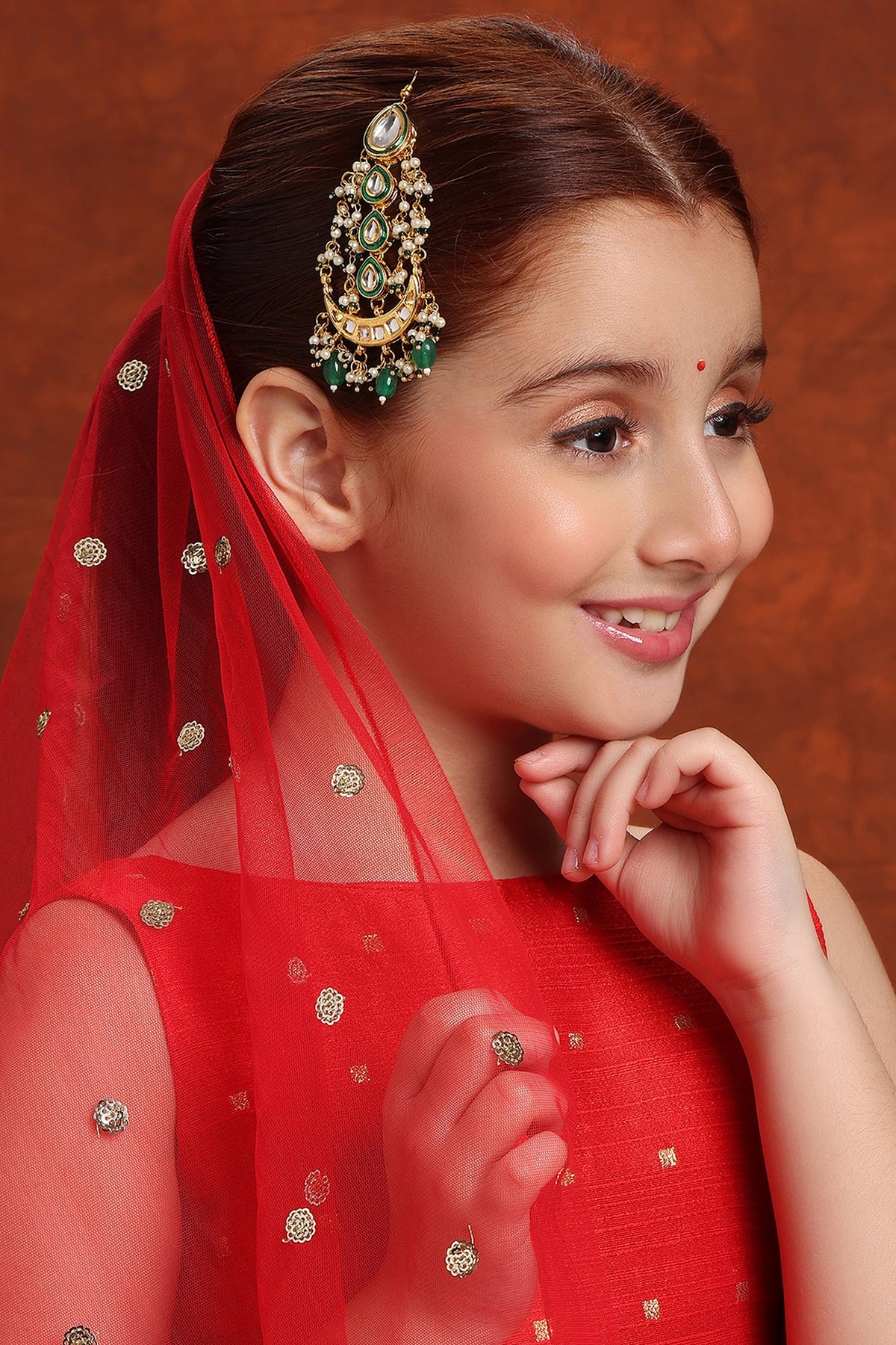 Gold Finish Kundan Polki & Green Stone Pasa For Girls