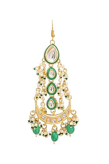 Gold Finish Kundan Polki & Green Stone Pasa For Girls
