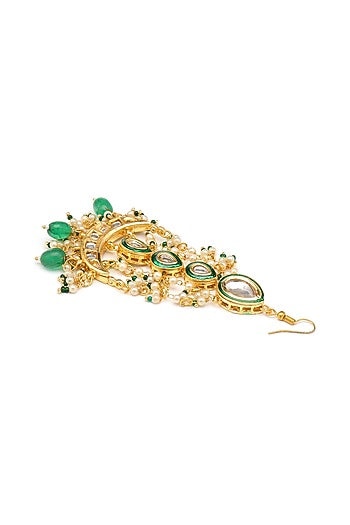 Gold Finish Kundan Polki & Green Stone Pasa For Girls
