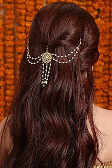 Gold Finish Kundan Polki & Pearl Hair Accessory For Girls