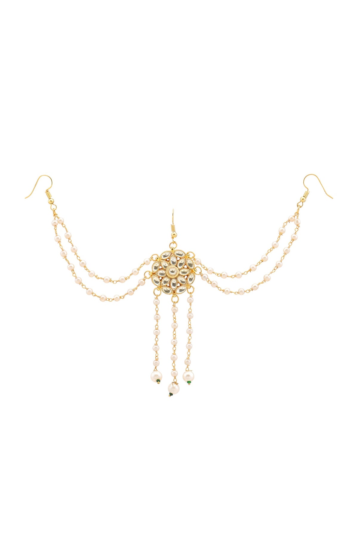 Gold Finish Kundan Polki & Pearl Hair Accessory For Girls