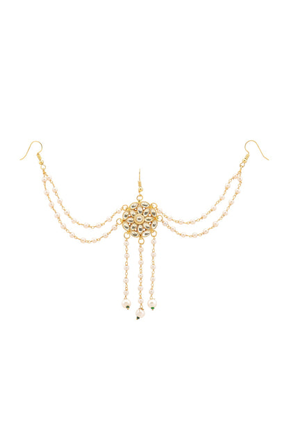 Gold Finish Kundan Polki & Pearl Hair Accessory For Girls