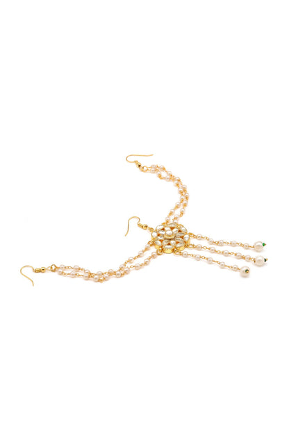 Gold Finish Kundan Polki & Pearl Hair Accessory For Girls