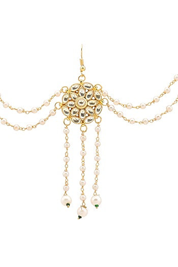 Gold Finish Kundan Polki & Pearl Hair Accessory For Girls