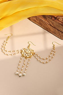 Gold Finish Kundan Polki & Pearl Hair Accessory For Girls