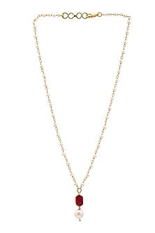 Gold Finish Maroon Kundan Polki & Pearls Necklace For Girls