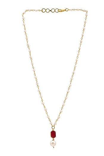 Gold Finish Maroon Kundan Polki & Pearls Necklace For Girls