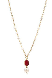 Gold Finish Maroon Kundan Polki & Pearls Necklace For Girls