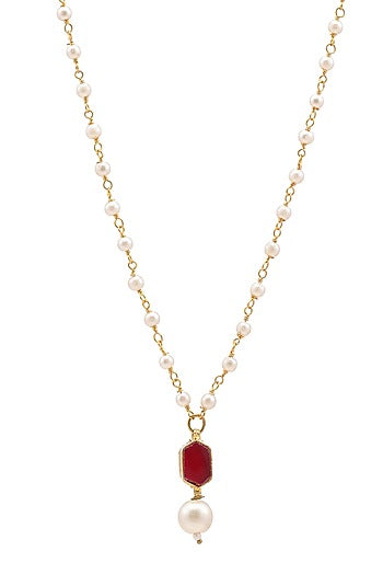 Gold Finish Maroon Kundan Polki & Pearls Necklace For Girls